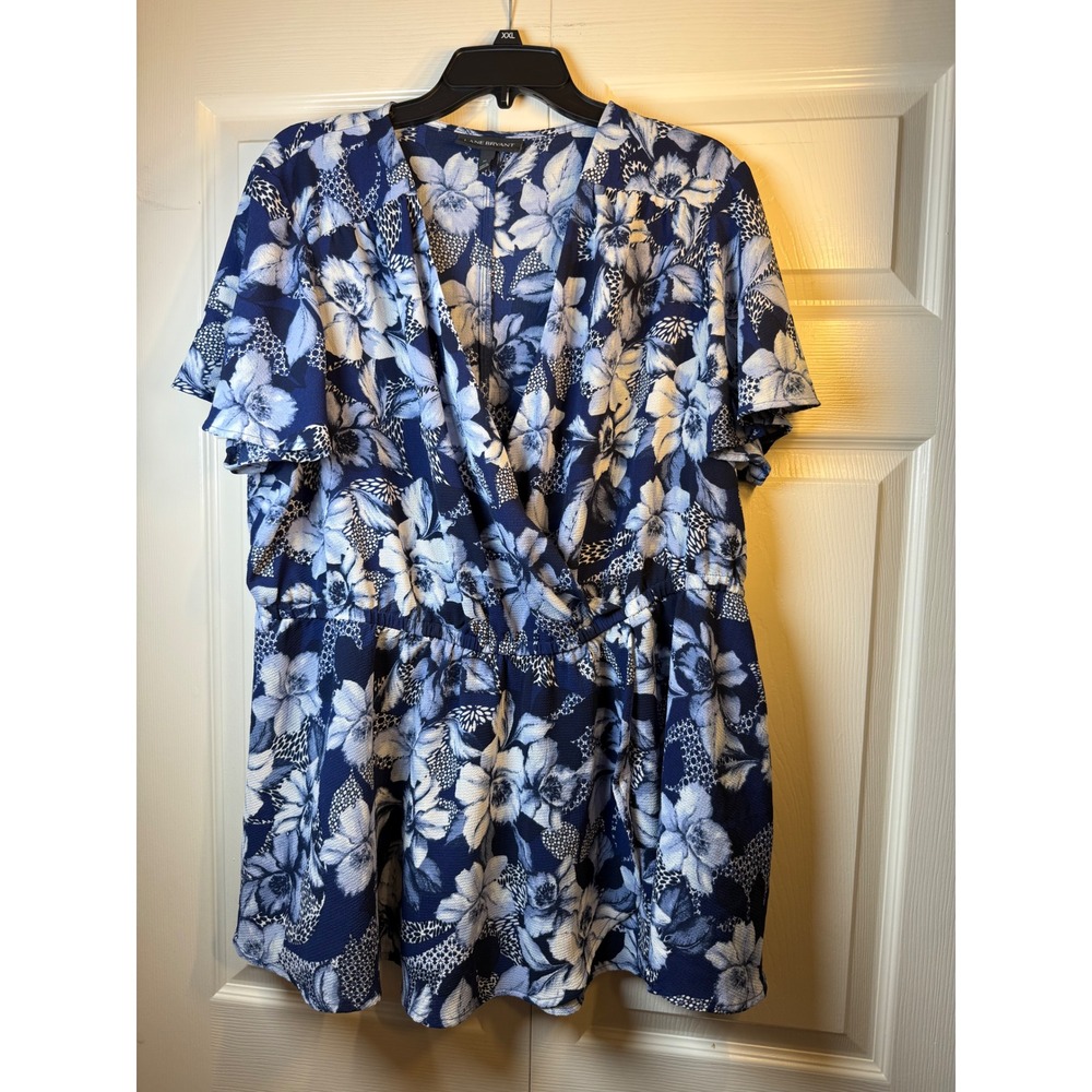 Lane Bryant blue and white floral pattern flutter sleeves faux-wrap blouse